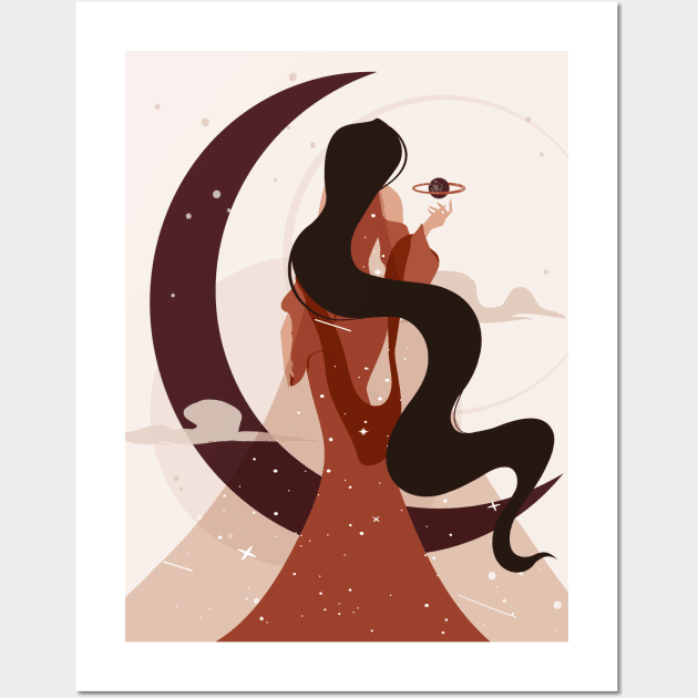 Celestial woman art, Moon art, Woman with long dark hair, Witchy aesthetic, Feminine art, Girl power Wall Art by KristinityArt